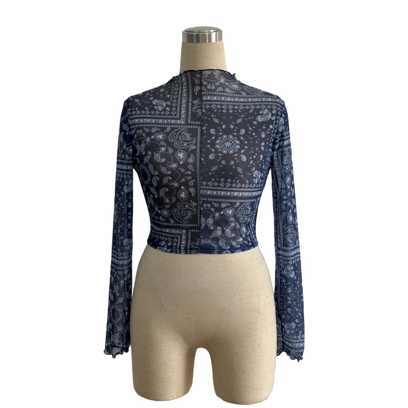 Womens Sheer Mesh T-shirt Long Sleeve Paisley Print Slim Short Tops